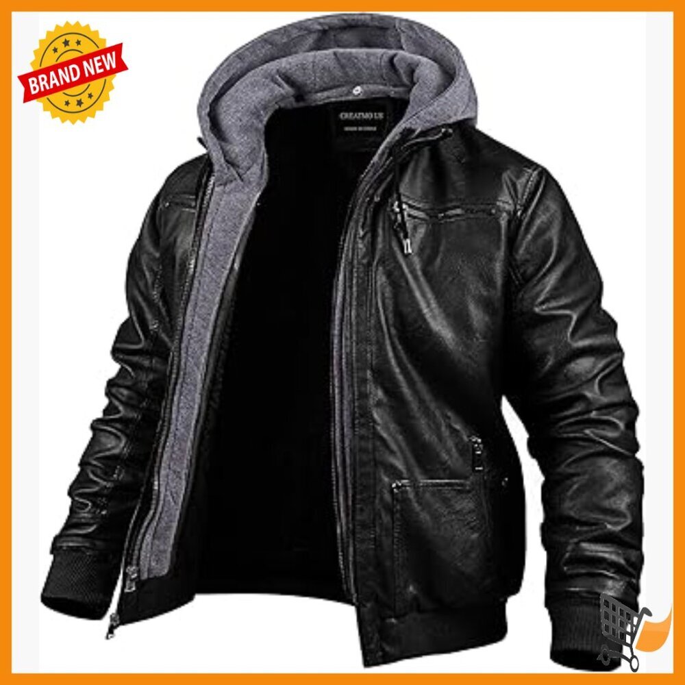 Men's Faux Leather Motorcycle Jacket with Removable Hood, Windproof